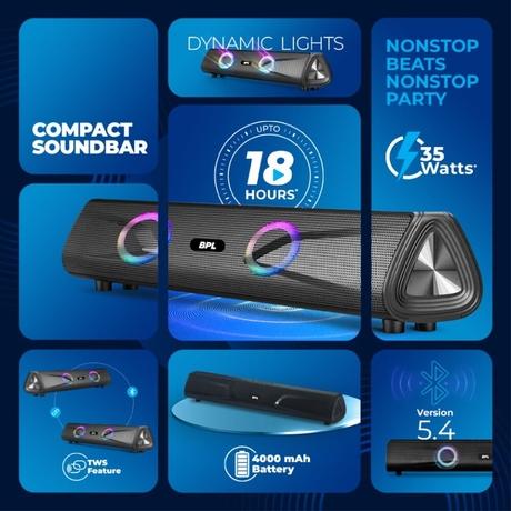 BPL CineCoustic Compact Soundbar 35 W with 18 Hours Playtime, 2.0 Channel, BSBM111-7