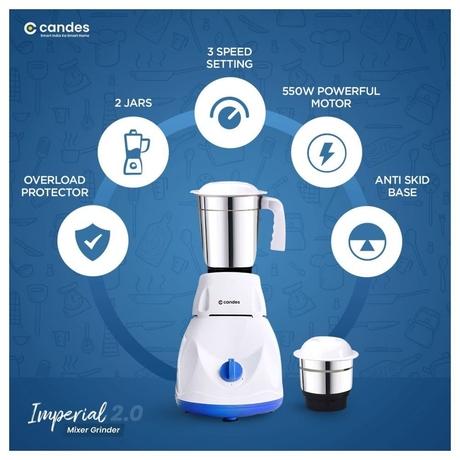 Candes Imperial 550W 2 Jars Mixer Grinder, White and Blue-1