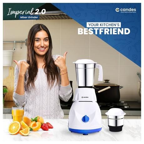 Candes Imperial 550W 2 Jars Mixer Grinder, White and Blue-2