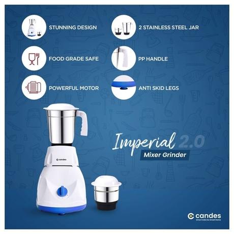Candes Imperial 550W 2 Jars Mixer Grinder, White and Blue-4