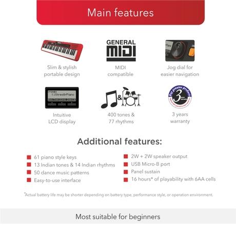 Casio CT-S200 Casiotone 61-Key Portable Slim & Smart Keyboard (Red)-2