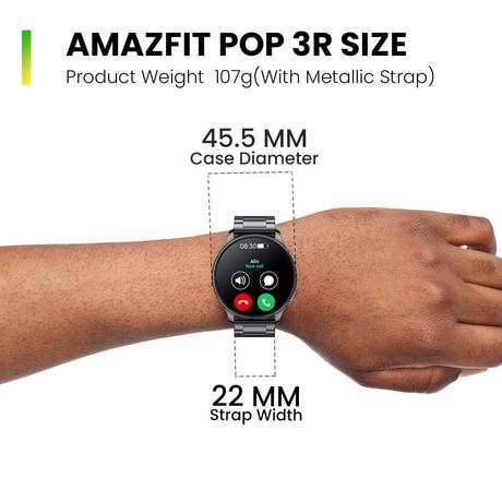 Amazfit Pop 3R Smartwatch, cm inch) Round AMOLED Display,  Bluetooth Calling, Upto 12 Days Battery, 24H SpO2, Heart Rate Stress  Monitor,