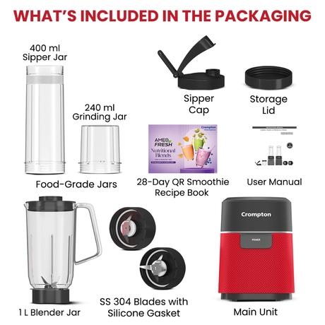 Crompton Nutri Blender with Blending Jar, Red, AMEOFRSHBL3-7