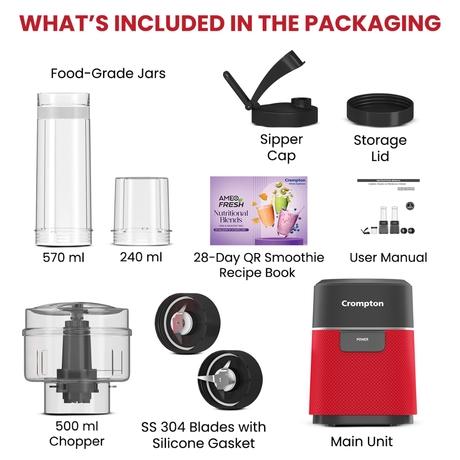 Crompton Ameo Fresh Nutri Blender with Chopper, Red, AMEOFRSHNCH-11