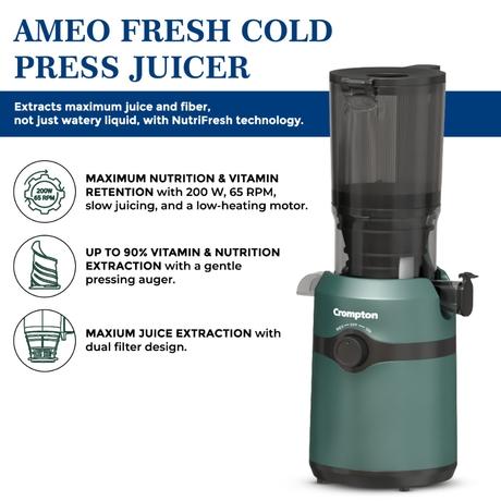 Crompton Ameo Fresh Cold Press Juicer 200 W, Black and Emerald-12