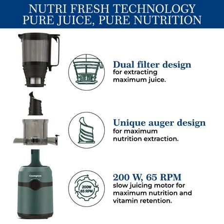 Crompton Ameo Fresh Cold Press Juicer 200 W, Black and Emerald-3
