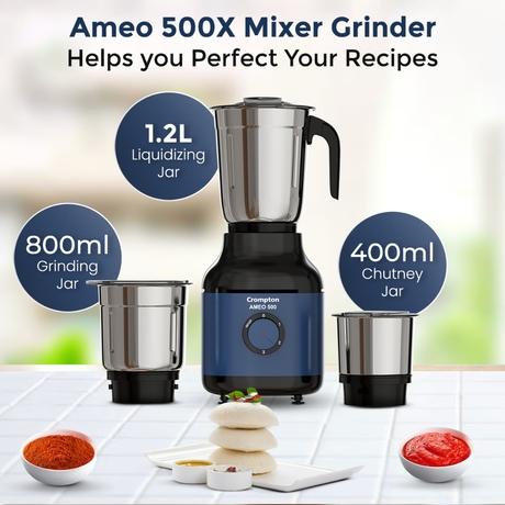 Crompton AMEO 500X 3 Jar Mixer Grinder 500 W, White and Blue-5