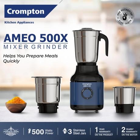 Crompton AMEO 500X 3 Jar Mixer Grinder 500 W, White and Blue-9