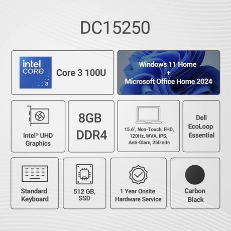 Dell 15 Laptop, Intel Core 3-100U, 8GB DDR4 RAM, 512GB SSD, Intel UHD Graphics, 15.6 inch (39.62 cm) FHD Anti-Glare 250nits, Windows 11 Home, MS Office 2021, McAfee 1 Year, Carbon Black, DC15250-1