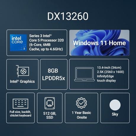 Dell New XPS 13 AI Enabled Laptop, Series 3 Intel Core 5-320, Intel Graphics, 8GB LPDDR5x RAM, 512GB SSD, 34.04 cm (13.4 inch) Touchscreen, InfinityEdge, 2.5K, 30-120Hz, 500nits, Backlit Keyboard, Windows 11 Home, MS Office 2024, Sky, DX13260-10