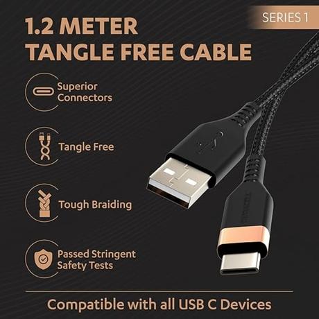 Duracell 3 A Fast Charging Type A to Type C Power Cable, Black-3