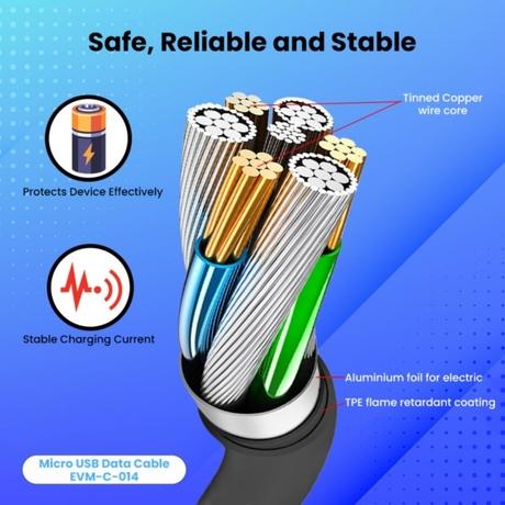 EVM C014 Micro USB Data and Sync Cable, 100 cm (1 m) length, 3 Amp Strongest, Sturdy and Durable, Temperature Protection, Built-in 56k resistance, Black-3