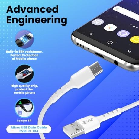 EVM C014 Micro USB Data and Sync Cable, 100 cm (1 m) length, 3 Amp Strongest, Sturdy and Durable, Temperature Protection, Built-in 56k resistance, White-1