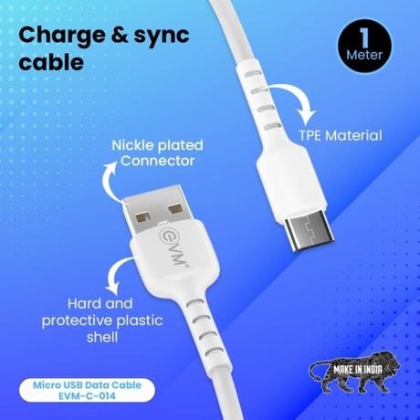 EVM C014 Micro USB Data and Sync Cable, 100 cm (1 m) length, 3 Amp Strongest, Sturdy and Durable, Temperature Protection, Built-in 56k resistance, White-4
