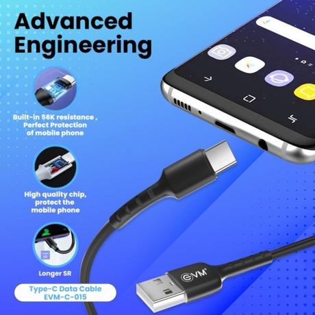 EVM C015 Data and Sync USB-C Cable, 3 AMP Strongest, 100 cm (1 m) Length, Compatible with multiple devices, Temperature Protection, Sturdy & durable, Tangle Free, Bulit-in 56 K resistant, Black-1