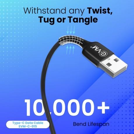 EVM C015 Data and Sync USB-C Cable, 3 AMP Strongest, 100 cm (1 m) Length, Compatible with multiple devices, Temperature Protection, Sturdy & durable, Tangle Free, Bulit-in 56 K resistant, Black-2