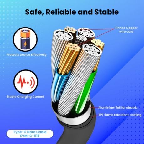 EVM C015 Data and Sync USB-C Cable, 3 AMP Strongest, 100 cm (1 m) Length, Compatible with multiple devices, Temperature Protection, Sturdy & durable, Tangle Free, Bulit-in 56 K resistant, Black-3