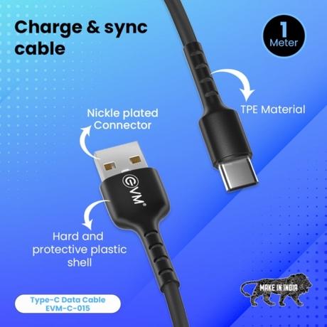 EVM C015 Data and Sync USB-C Cable, 3 AMP Strongest, 100 cm (1 m) Length, Compatible with multiple devices, Temperature Protection, Sturdy & durable, Tangle Free, Bulit-in 56 K resistant, Black-4