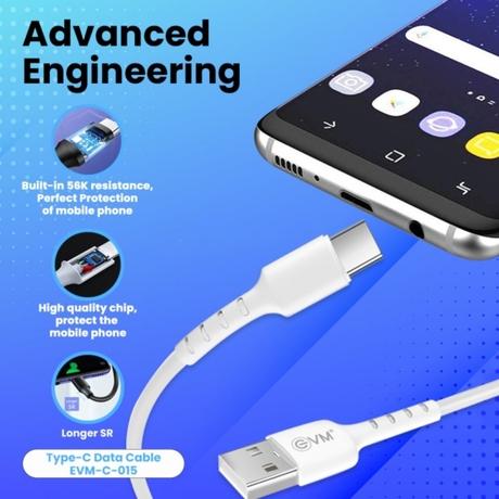 EVM C015 Data and Sync USB-C Cable, 3 AMP Strongest, 100 cm (1 m) Length, Compatible with multiple devices, Temperature Protection, Sturdy & durable, Tangle Free, Bulit-in 56K resistant, White-1