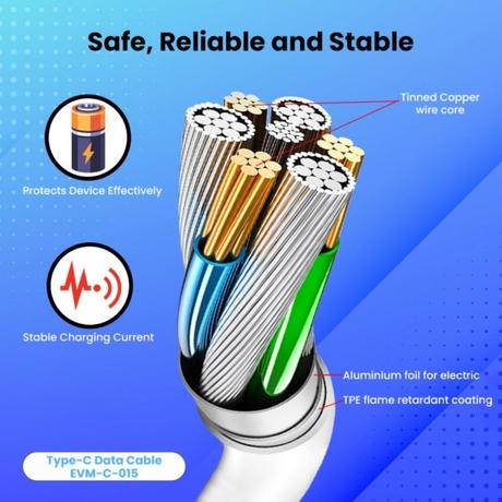 EVM C015 Data and Sync USB-C Cable, 3 AMP Strongest, 100 cm (1 m) Length, Compatible with multiple devices, Temperature Protection, Sturdy & durable, Tangle Free, Bulit-in 56K resistant, White-3