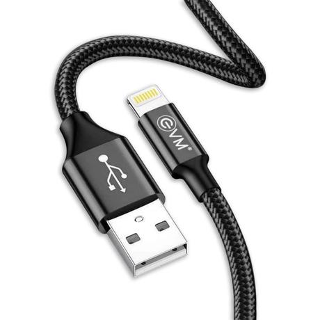 EVM CM09 Lightning Charge and Sync Cable, Premium Nylon Braided Cable, 2.4 Amp Fast Charging, Super Fast data transfer, 120 cm (1.2 m) Length, Compatible with iOS Devices, Black-1