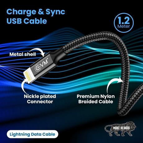EVM CM09 Lightning Charge and Sync Cable, Premium Nylon Braided Cable, 2.4 Amp Fast Charging, Super Fast data transfer, 120 cm (1.2 m) Length, Compatible with iOS Devices, Black-4