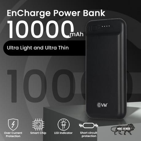 EVM Encharge P0109 10000 mAh Power Bank, Li-polymer, Short Circuit Protection, LED Indicator, Over Current Protection, USB, Micro-USB, Type-C Ports, Over Temperature and Voltage Protection, Short Circuit and Over Current Protection, Black-10