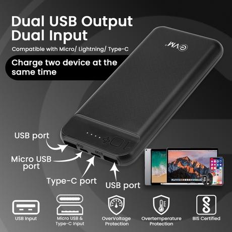 EVM Encharge P0109 10000 mAh Power Bank, Li-polymer, Short Circuit Protection, LED Indicator, Over Current Protection, USB, Micro-USB, Type-C Ports, Over Temperature and Voltage Protection, Short Circuit and Over Current Protection, Black-11