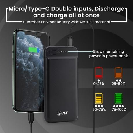 EVM Encharge P0109 10000 mAh Power Bank, Li-polymer, Short Circuit Protection, LED Indicator, Over Current Protection, USB, Micro-USB, Type-C Ports, Over Temperature and Voltage Protection, Short Circuit and Over Current Protection, Black-12