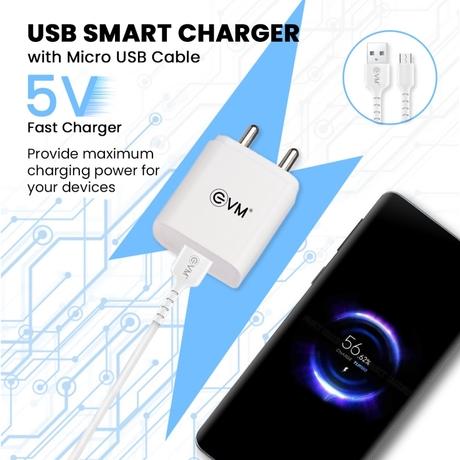 EVM Charger with Micro Cable CH01, 5 V fast Charger, Over Current Protection, Short Circuit Protection, Surge Protection, Smart IC Technology, 120 cm (1.2 m) length, White-6