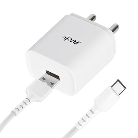 EVM USB Smart Charger with Type-C Cable, 5 V Fast Charging, 2.4 A Output, Smart IC technology, Over Current Protection, Short Circuit Protection, Surge Protection, No load Protection, Compatible with all C-type devices, White-0