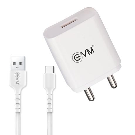 EVM USB Smart Charger with Type-C Cable, 5 V Fast Charging, 2.4 A Output, Smart IC technology, Over Current Protection, Short Circuit Protection, Surge Protection, No load Protection, Compatible with all C-type devices, White-1