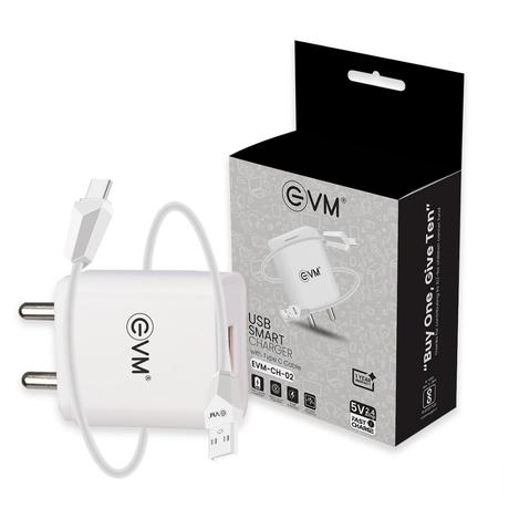EVM USB Smart Charger with Type-C Cable, 5 V Fast Charging, 2.4 A Output, Smart IC technology, Over Current Protection, Short Circuit Protection, Surge Protection, No load Protection, Compatible with all C-type devices, White-5
