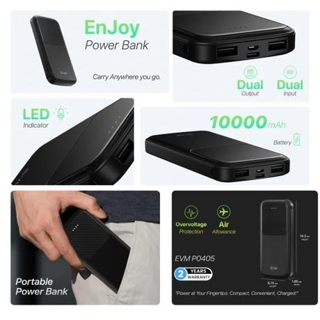 EVM Enjoy 10000 mAh Power Bank, LED indicator, Micro USB & Type-C Input, 2 USB- A Ports, Overvoltage protection, Anti Scratch & Anti Stain, Compatible With Android and iOS, Black, EVM-P0405-1