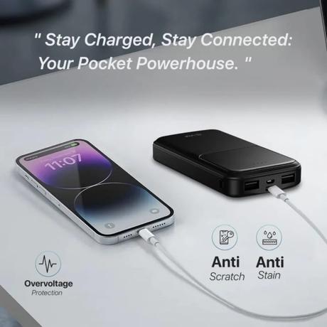 EVM Enjoy 10000 mAh Power Bank, LED indicator, Micro USB & Type-C Input, 2 USB- A Ports, Overvoltage protection, Anti Scratch & Anti Stain, Compatible With Android and iOS, Black, EVM-P0405-2