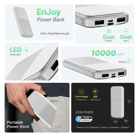 EVM Enjoy 10000 mAh Power Bank, White, EVM-P0405-1