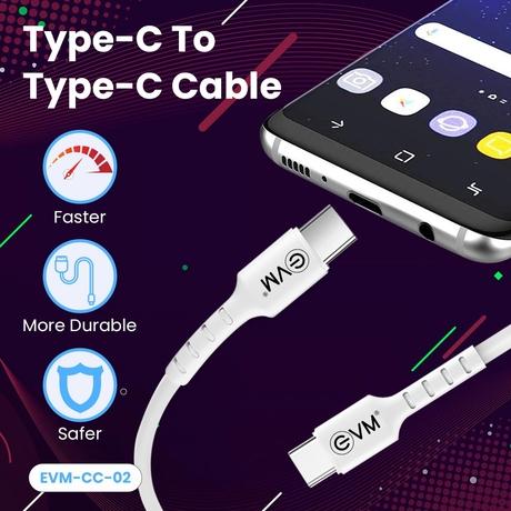 EVM Type-C to Type-C Charging Cable, 100 cm (1 m) Length, 4 Amp strongest pure copper core, 10000+ Bend Lifespan, Compatible with Phones, Laptop, Tablets, Super fast data transfer, White, EVM-CC-02-1