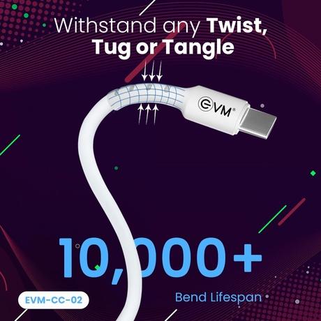 EVM Type-C to Type-C Charging Cable, 100 cm (1 m) Length, 4 Amp strongest pure copper core, 10000+ Bend Lifespan, Compatible with Phones, Laptop, Tablets, Super fast data transfer, White, EVM-CC-02-2