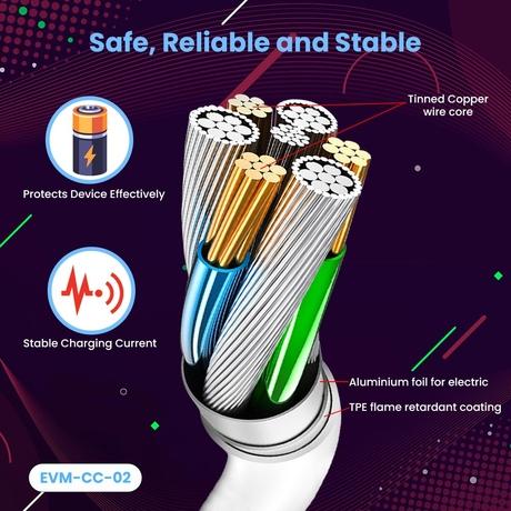 EVM Type-C to Type-C Charging Cable, 100 cm (1 m) Length, 4 Amp strongest pure copper core, 10000+ Bend Lifespan, Compatible with Phones, Laptop, Tablets, Super fast data transfer, White, EVM-CC-02-3