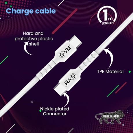 EVM Type-C to Type-C Charging Cable, 100 cm (1 m) Length, 4 Amp strongest pure copper core, 10000+ Bend Lifespan, Compatible with Phones, Laptop, Tablets, Super fast data transfer, White, EVM-CC-02-4