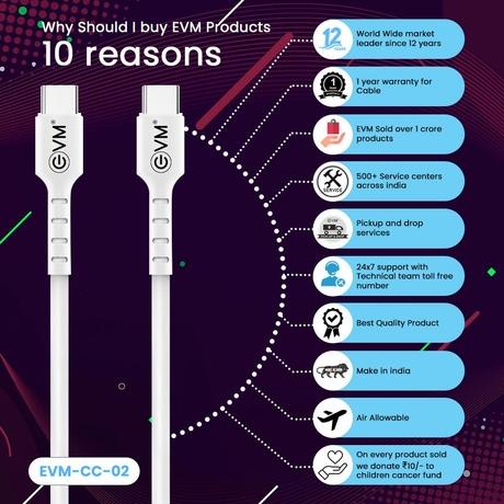 EVM Type-C to Type-C Charging Cable, 100 cm (1 m) Length, 4 Amp strongest pure copper core, 10000+ Bend Lifespan, Compatible with Phones, Laptop, Tablets, Super fast data transfer, White, EVM-CC-02-7
