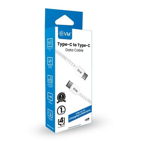 EVM Type-C to Type-C Charging Cable, 100 cm (1 m) Length, 4 Amp strongest pure copper core, 10000+ Bend Lifespan, Compatible with Phones, Laptop, Tablets, Super fast data transfer, White, EVM-CC-02-8