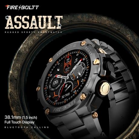 Fire-Boltt ASSAULT Smart Watch, 3.81 cm (1.5 inch) BT Calling, Round Touch Display, Outdoor Rugged Durable Design, 6 Menu UI Styles, In Built Compass, 150+ Sports Modes, Music Play, Health Suite, Black Steel-1