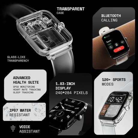 Fire-Boltt Ninja Phantom Smart Watch 46.4 mm (1.83 inch) Display, Transparent Clear Body Design, Bluetooth Calling, 120+ Sports Modes, Voice Assistant, AI Outfit Watch Face Smartwatch for Men & Women (Black Smoke)-2