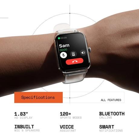 Fire-Boltt Ninja Phantom Smart Watch 46.4 mm (1.83 inch) Display, Transparent Clear Body Design, Bluetooth Calling, 120+ Sports Modes, Voice Assistant, AI Outfit Watch Face Smartwatch for Men & Women (Frost White)-7