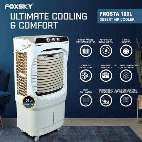 Foxsky Frosta 100 L Desert Air Cooler with Honeycomb Cooling Pads, 100% Copper Motor-2
