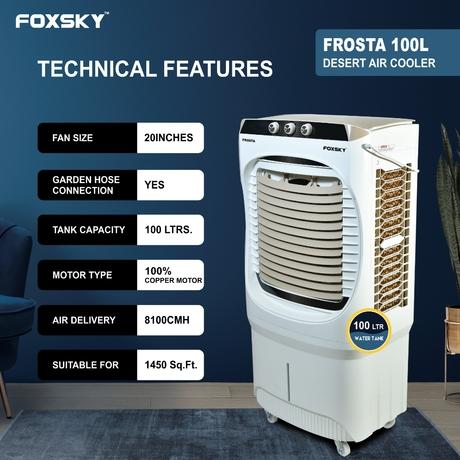 Foxsky Frosta 100 L Desert Air Cooler with Honeycomb Cooling Pads, 100% Copper Motor-3