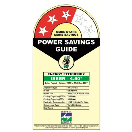 General 2 Ton 3 Star Inverter Split AC, ASGG24CPWA-B-1