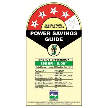 General 2.5 Ton 4 Star Inverter Split AC, ASGG30CEAC-B, 2026-1