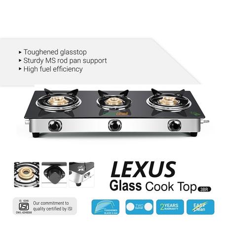 Greenchef Lexus 3 Burner Glasstop Cooktop, Manual Ignition, Black-1